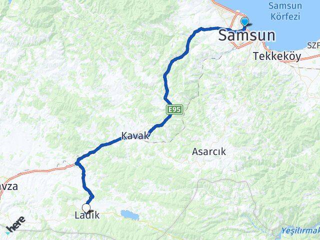 Samsun İlkadım Ladik Arası Kaç Km - Yol Haritası