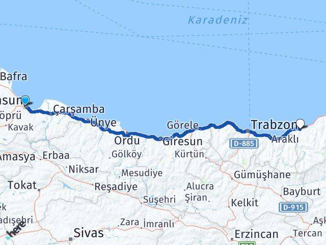 Samsun İlkadım Rize Arası Kaç Km - Yol Haritası