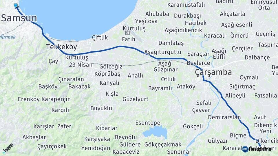Samsun İlkadım Salıpazarı Arası Kaç Km - Yol Haritası