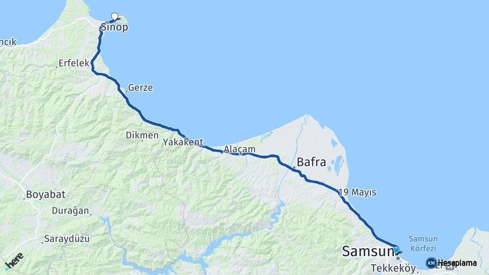 Samsun İlkadım Sinop Arası Kaç Km - Yol Haritası