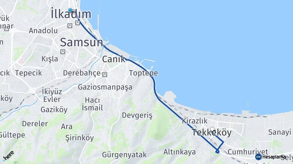 Samsun İlkadım Tekkeköy Arası Kaç Km - Yol Haritası