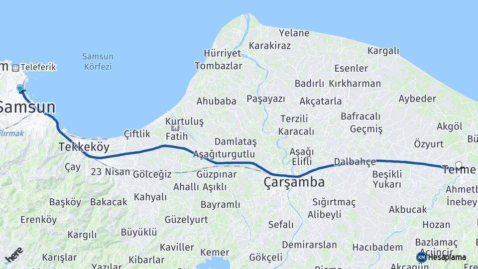 Samsun İlkadım Terme Arası Kaç Km - Yol Haritası
