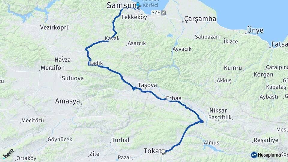 Samsun İlkadım Tokat Arası Kaç Km - Yol Haritası
