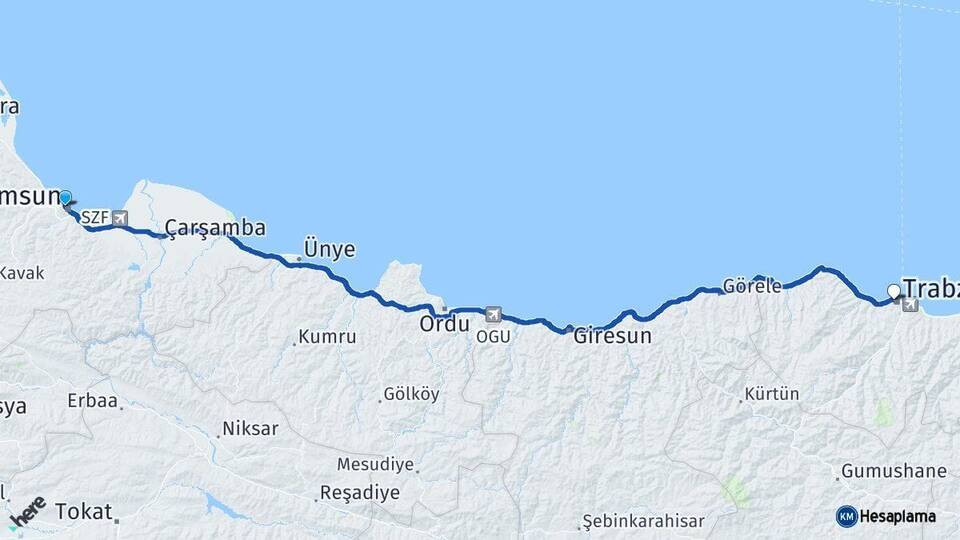 Samsun İlkadım Trabzon Arası Kaç Km - Yol Haritası