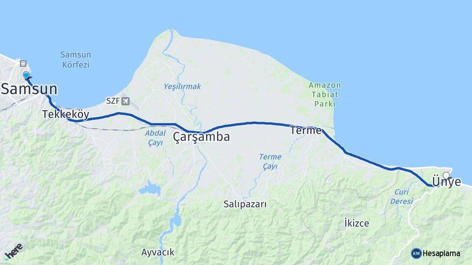 Samsun İlkadım Ünye Ordu Arası Kaç Km - Yol Haritası