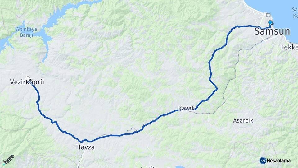 Samsun İlkadım Vezirköprü Arası Kaç Km - Yol Haritası