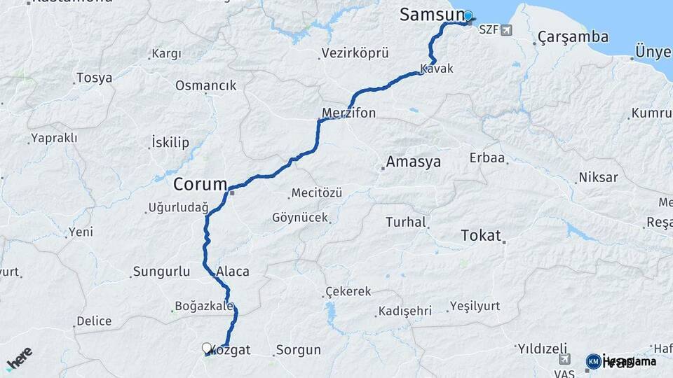 Samsun İlkadım Yozgat Arası Kaç Km - Yol Haritası
