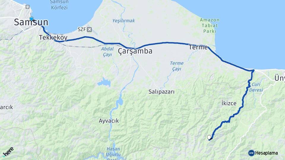 Samsun İlküvez Çaybaşı Ordu Arası Kaç Km - Yol Haritası