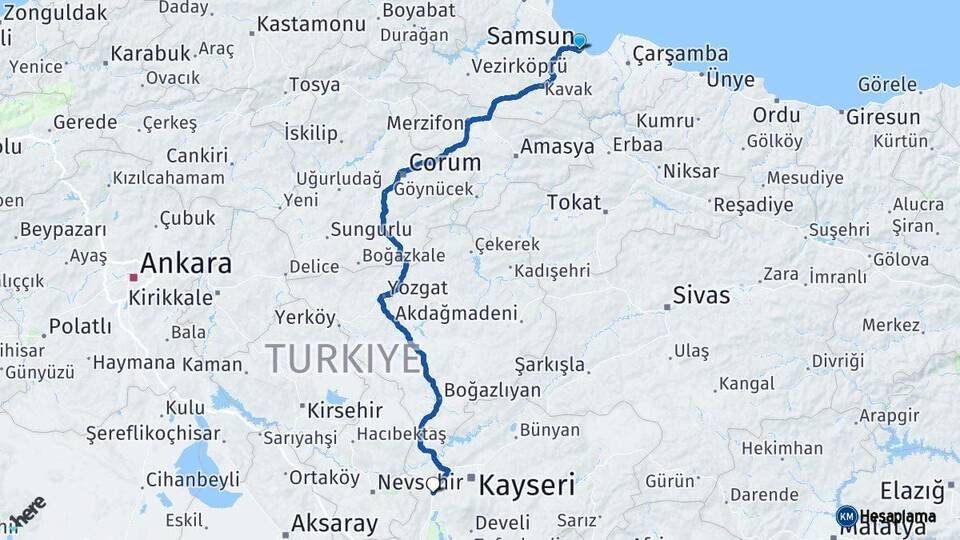 Samsun İncesu Kayseri Arası Kaç Km - Yol Haritası
