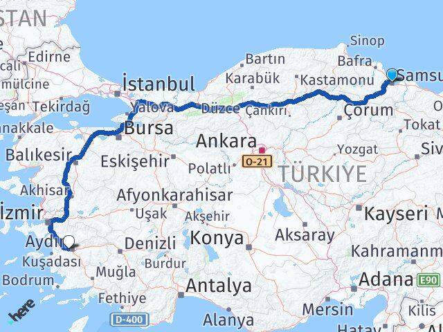 Samsun İncirliova Aydın Arası Kaç Km - Yol Haritası