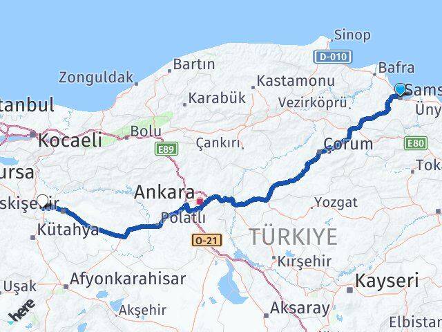 Samsun İnönü Eskişehir Arası Kaç Km - Yol Haritası