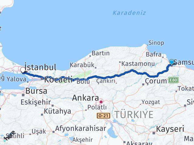 Samsun Kadıköy İstanbul Arası Kaç Km - Yol Haritası