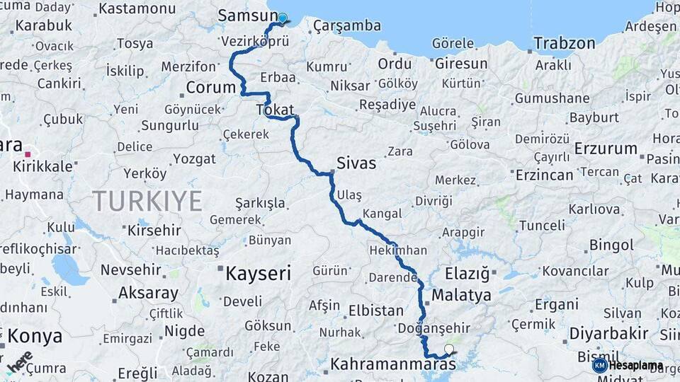 Samsun Kahta Adıyaman Arası Kaç Km - Yol Haritası