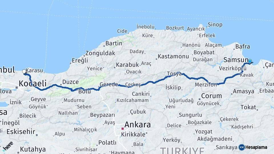 Samsun Kandıra Kocaeli Arası Kaç Km - Yol Haritası