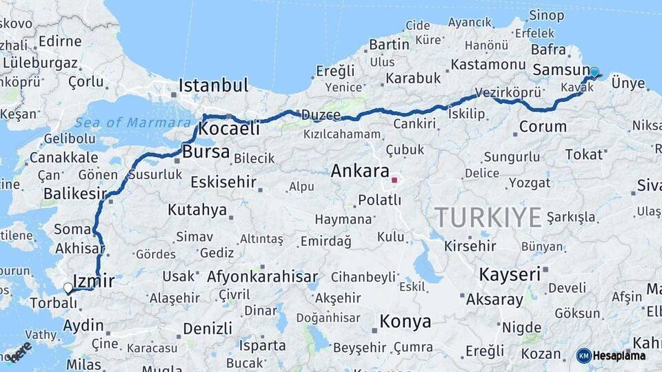 Samsun Karabağlar İzmir Arası Kaç Km - Yol Haritası