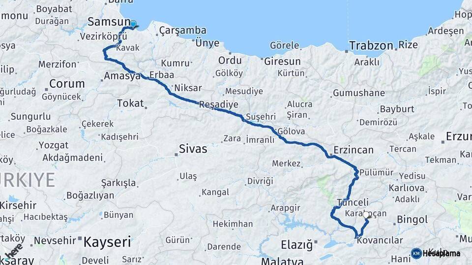 Samsun Karakoçan Elazığ Arası Kaç Km - Yol Haritası