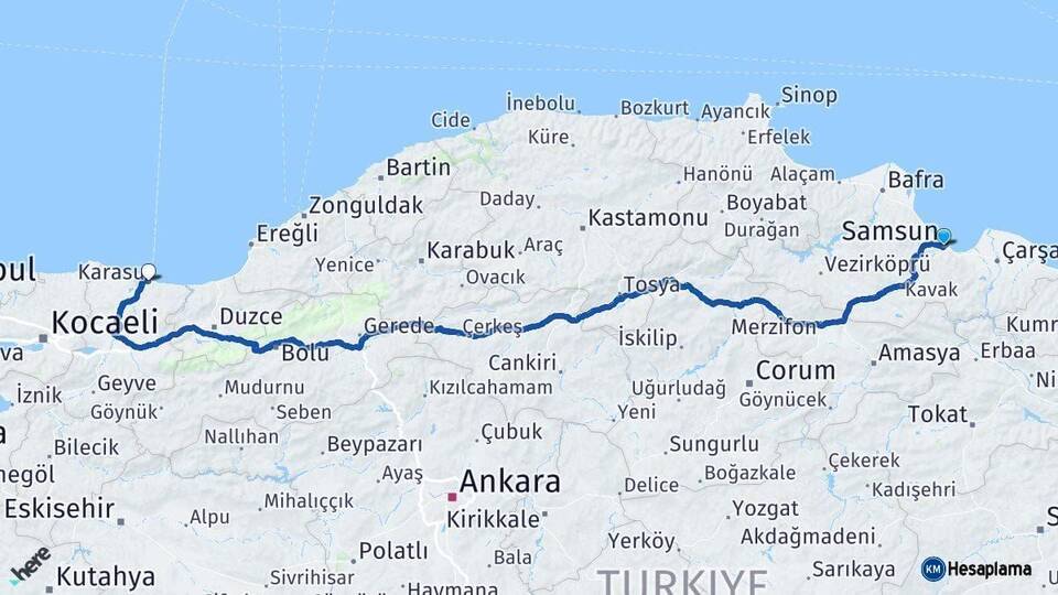 Samsun Karasu Sakarya Arası Kaç Km - Yol Haritası