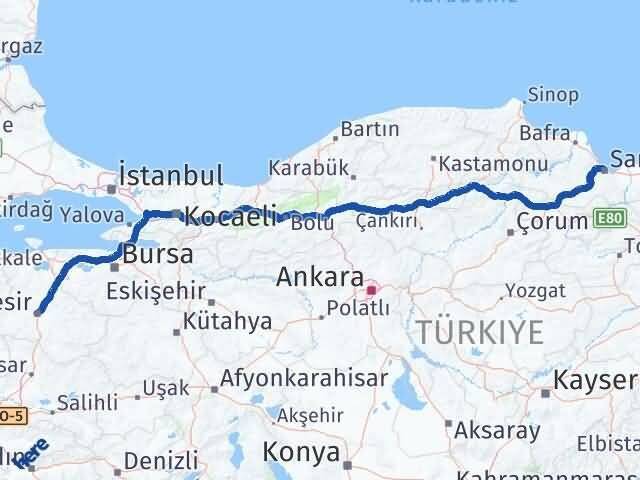 Samsun Karesi Balıkesir Arası Kaç Km - Yol Haritası