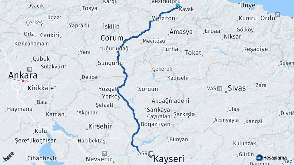 Samsun Kavak Kayseri Arası Kaç Km - Yol Haritası