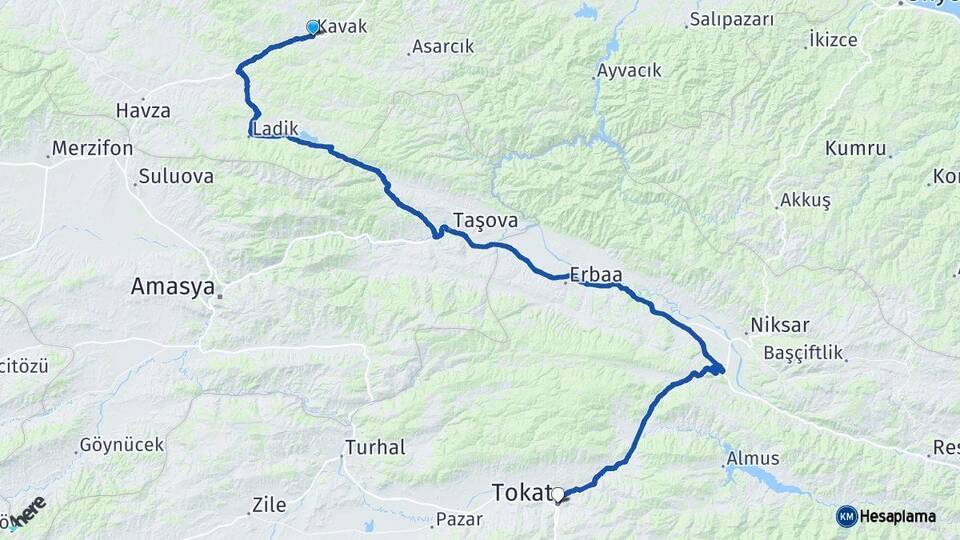 Samsun Kavak Tokat Arası Kaç Km - Yol Haritası
