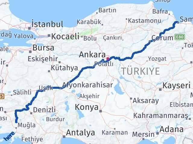Samsun Kavaklıdere Muğla Arası Kaç Km - Yol Haritası