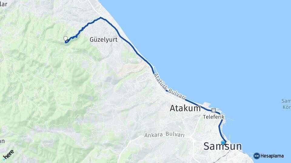 Samsun Kayagüney Atakum Arası Kaç Km - Yol Haritası