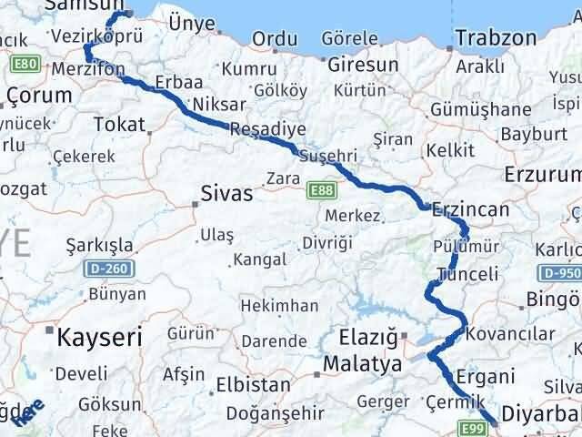 Samsun Kayapınar Diyarbakır Arası Kaç Km - Yol Haritası