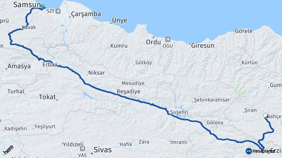 Samsun Kelkit Gümüşhane Arası Kaç Km - Yol Haritası