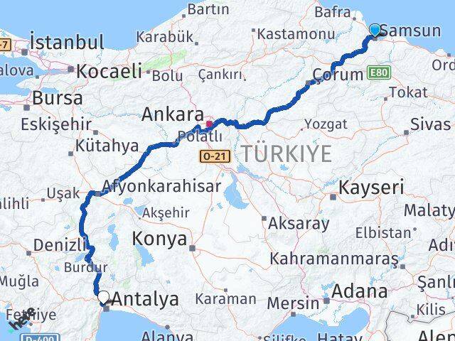 Samsun Kepez Antalya Arası Kaç Km - Yol Haritası