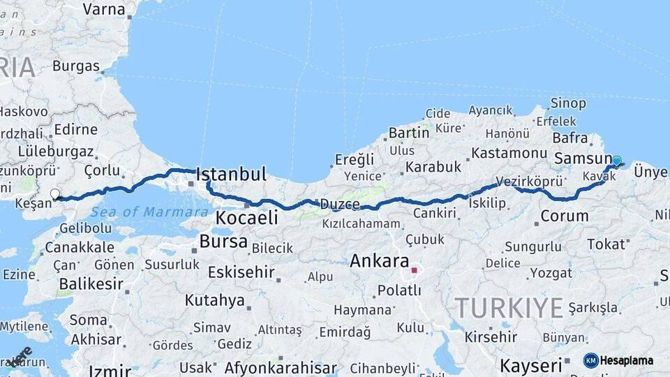 Samsun Keşan Edirne Arası Kaç Km - Yol Haritası