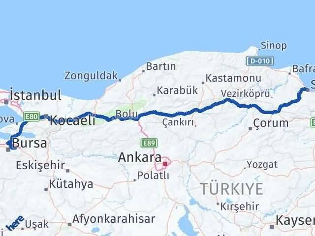 Samsun Kestel Bursa Arası Kaç Km - Yol Haritası