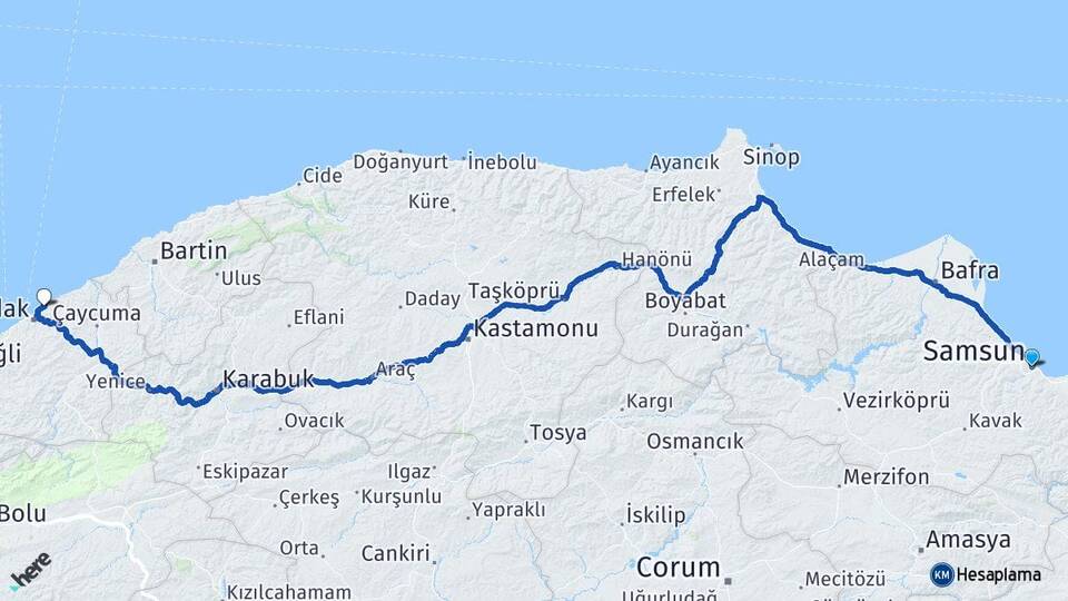 Samsun Kilimli Zonguldak Arası Kaç Km - Yol Haritası