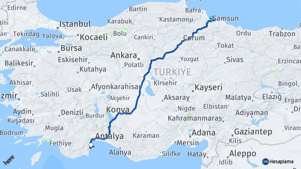 Samsun Kiriş Kemer Antalya Arası Kaç Km - Yol Haritası
