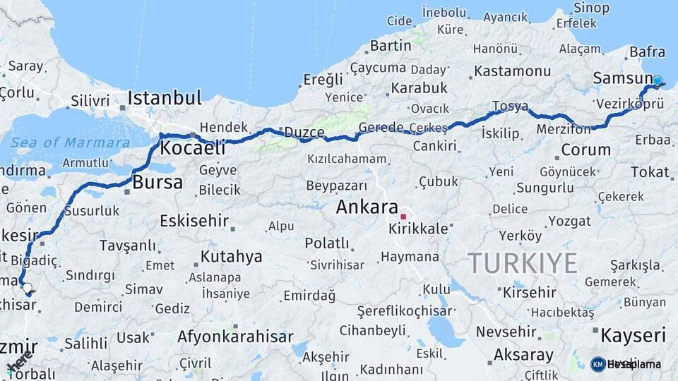 Samsun Kırkağaç Manisa Arası Kaç Km - Yol Haritası