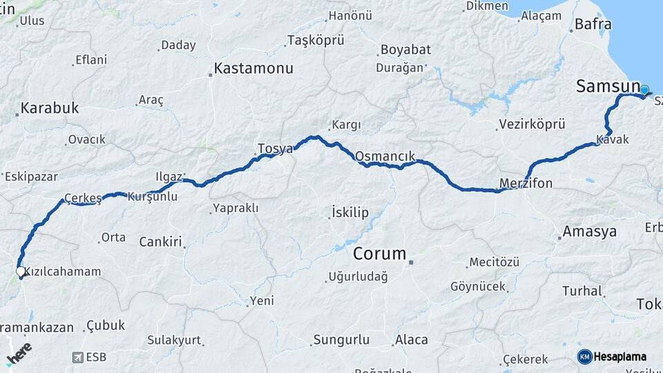 Samsun Kızılcahamam Ankara Arası Kaç Km - Yol Haritası