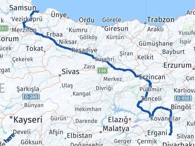 Samsun Kocaköy Diyarbakır Arası Kaç Km - Yol Haritası