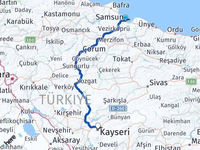 Samsun Kocasinan Kayseri Arası Kaç Km - Yol Haritası
