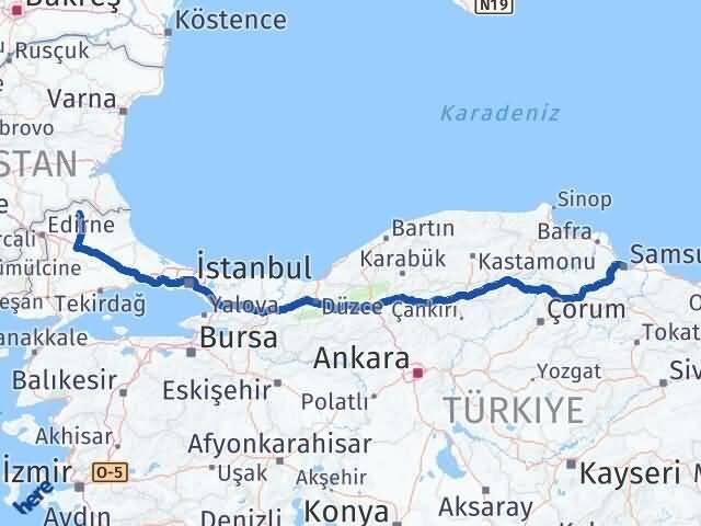Samsun Kofçaz Kırklareli Arası Kaç Km - Yol Haritası
