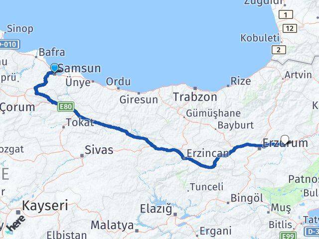 Samsun Köprüköy Erzurum Arası Kaç Km - Yol Haritası