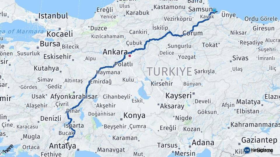 Samsun Korkuteli Antalya Arası Kaç Km - Yol Haritası