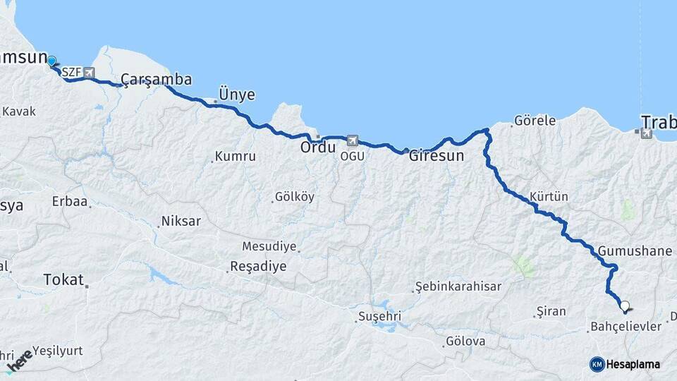 Samsun Köse Gümüşhane Arası Kaç Km - Yol Haritası