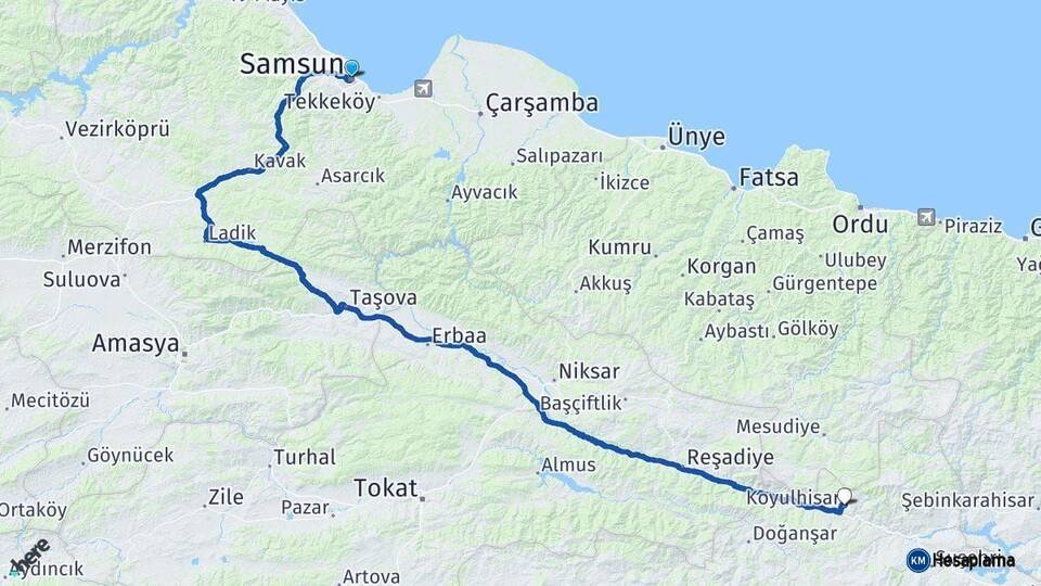 Samsun Koyulhisar Sivas Arası Kaç Km - Yol Haritası