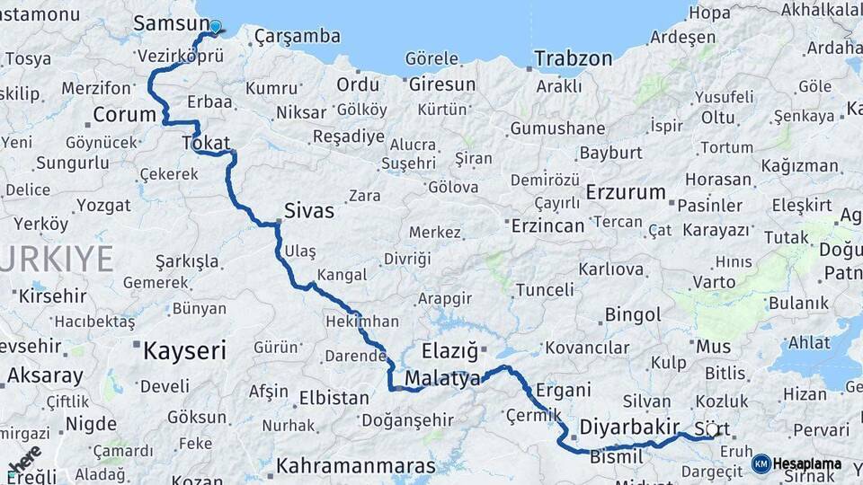 Samsun Kurtalan Siirt Arası Kaç Km - Yol Haritası