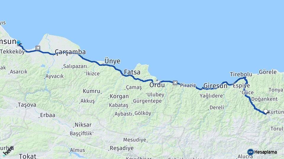 Samsun Kürtün Gümüşhane Arası Kaç Km - Yol Haritası