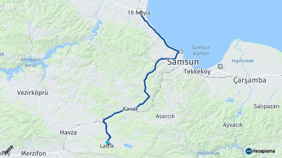 Samsun Ladik 19 Mayıs Arası Kaç Km - Yol Haritası