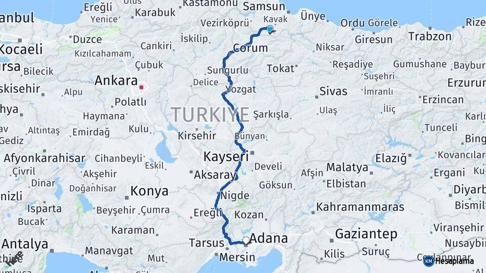 Samsun Ladik Adana Arası Kaç Km - Yol Haritası