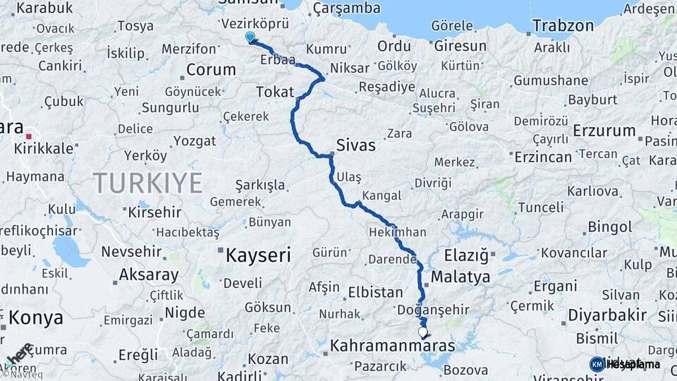 Samsun Ladik Adıyaman Arası Kaç Km - Yol Haritası