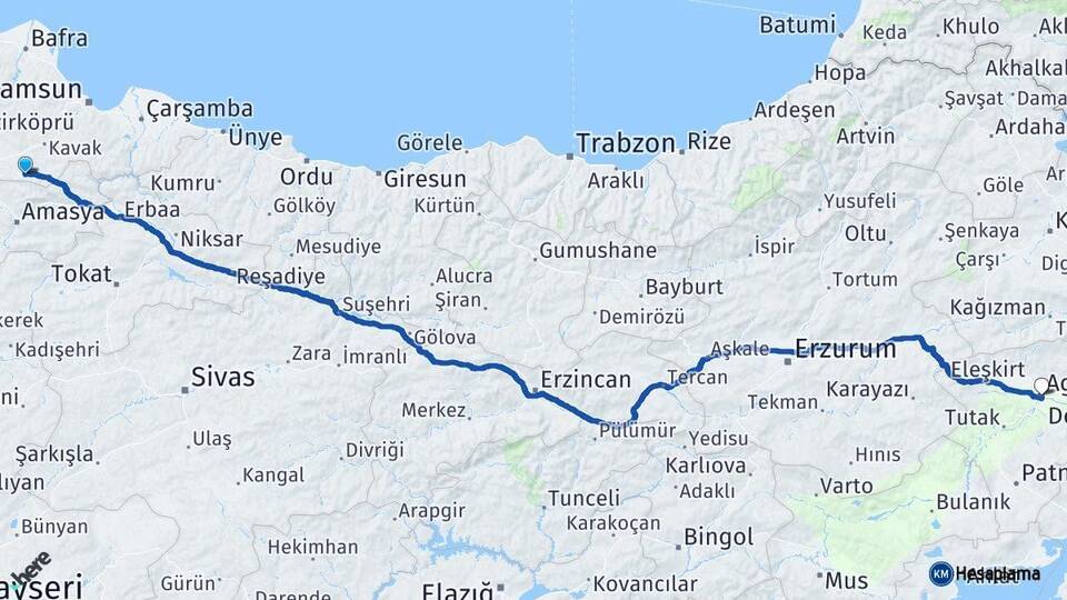 Samsun Ladik Ağrı Arası Kaç Km - Yol Haritası