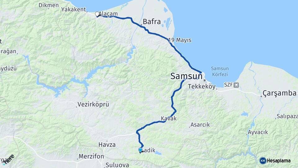 Samsun Ladik Alaçam Arası Kaç Km - Yol Haritası