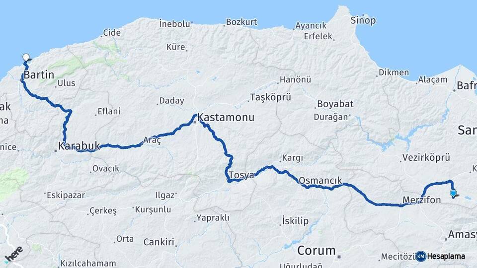 Samsun Ladik Amasra Bartın Arası Kaç Km - Yol Haritası